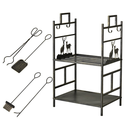 Firewood Stand with Fireplace Tool Set, Firewood Rack Log Storage Fireplace Tool Iron Black+Gold 51.5x33x77 cm