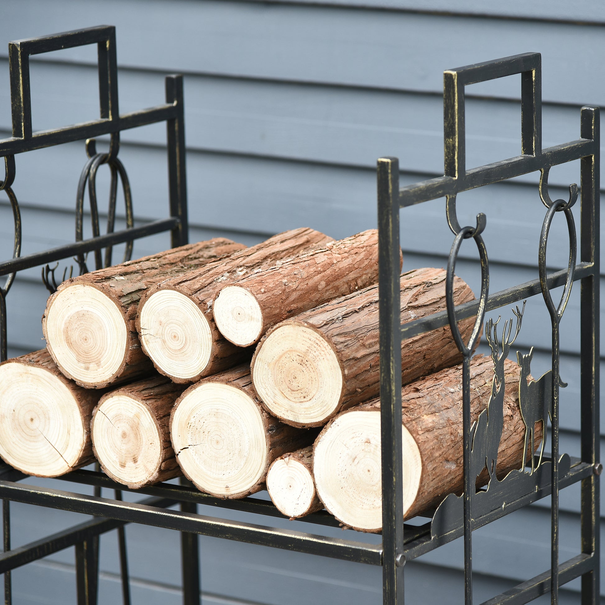 Firewood Stand with Fireplace Tool Set, Firewood Rack Log Storage Fireplace Tool Iron Black+Gold 51.5x33x77 cm