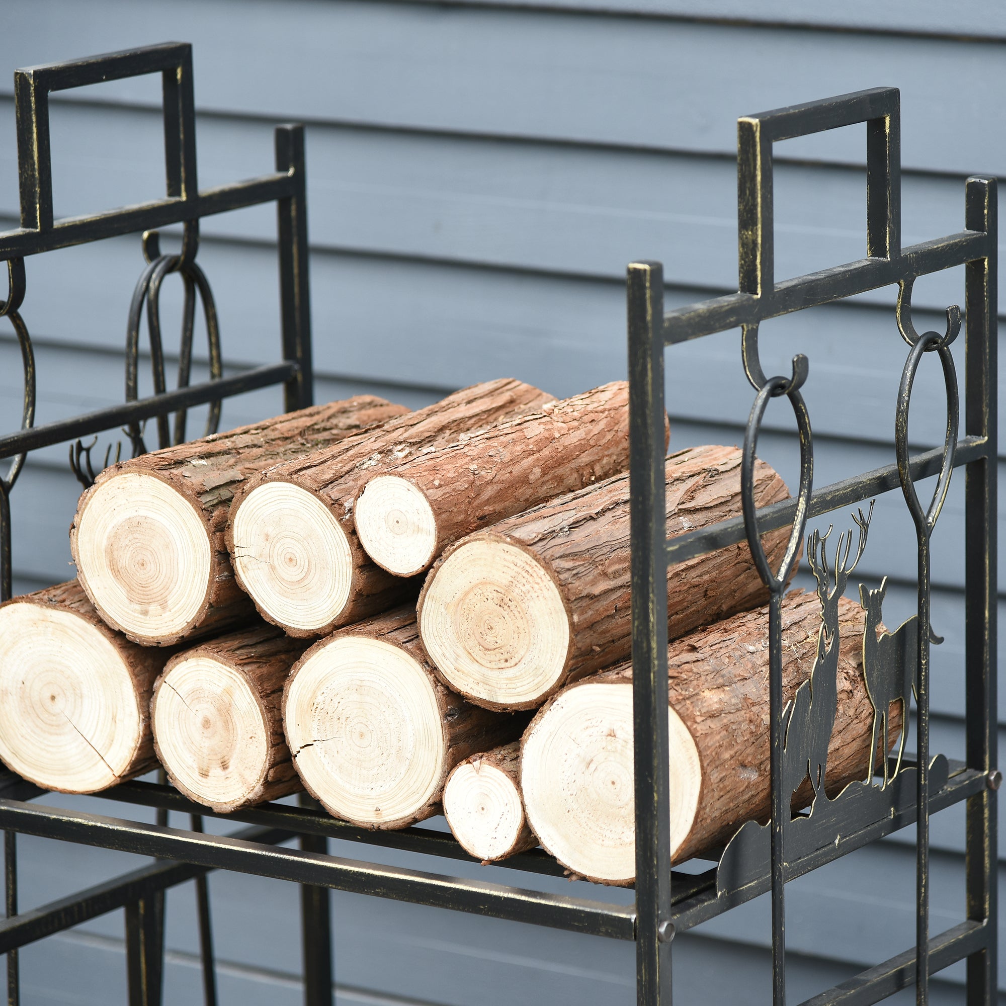 Firewood Stand with Fireplace Tool Set, Firewood Rack Log Storage Fireplace Tool Iron Black+Gold 51.5x33x77 cm