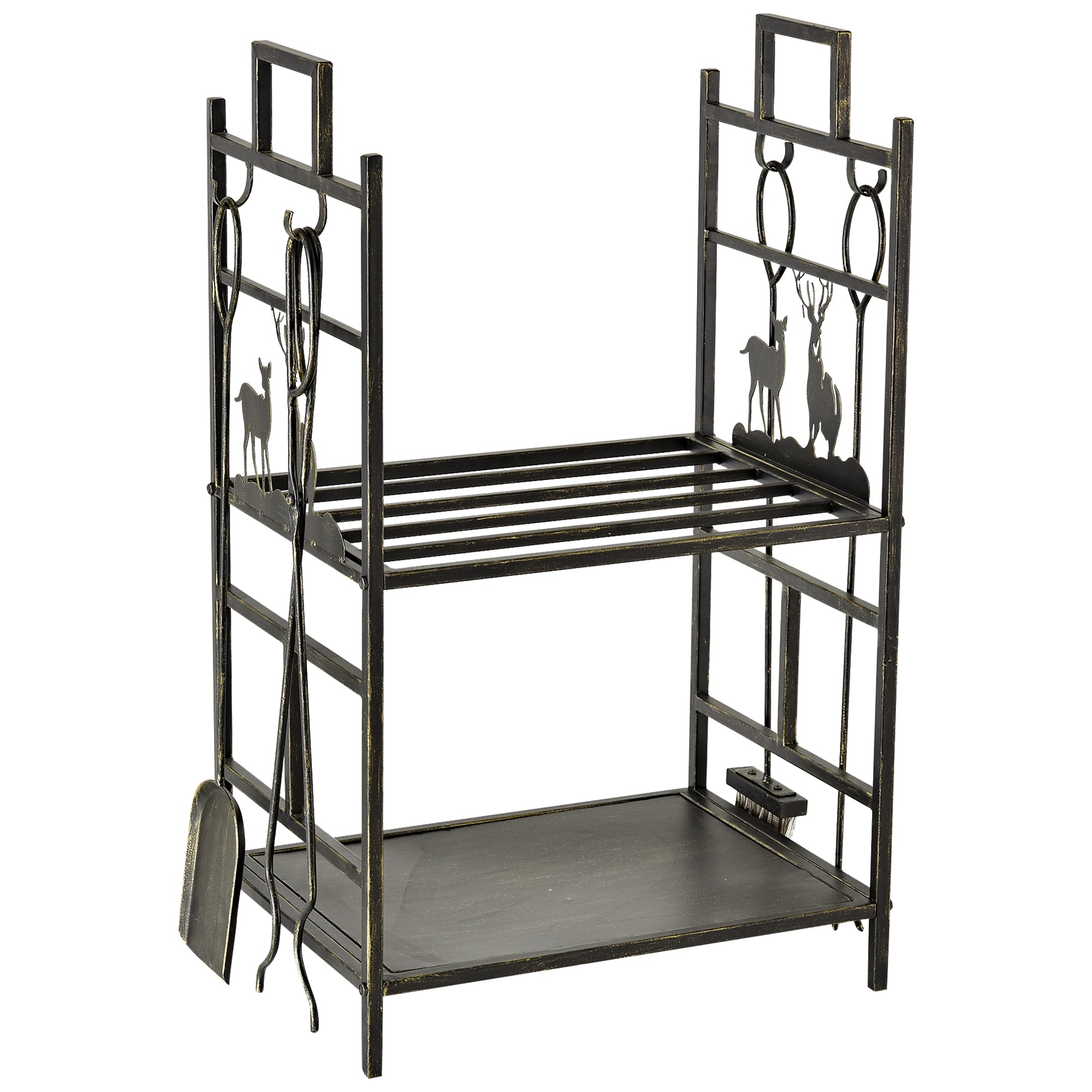 Firewood Stand with Fireplace Tool Set, Firewood Rack Log Storage Fireplace Tool Iron Black+Gold 51.5x33x77 cm