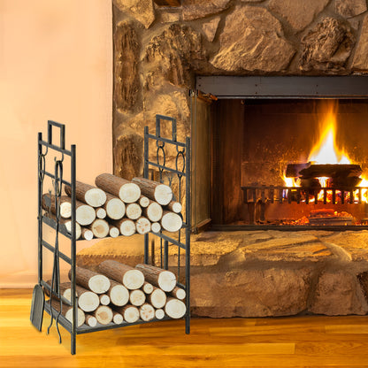 Firewood Stand with Fireplace Tool Set, Firewood Rack Log Storage Fireplace Tool Iron Black+Gold 51.5x33x77 cm