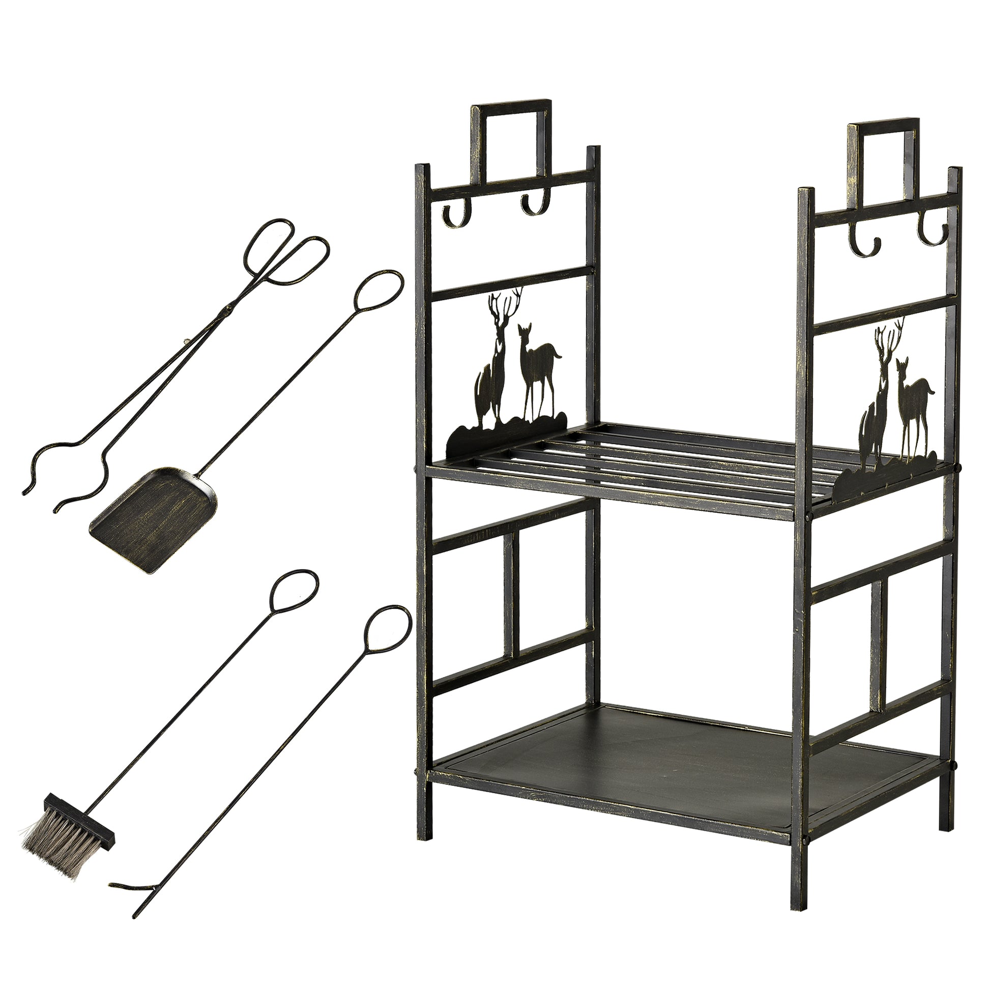 Firewood Stand with Fireplace Tool Set, Firewood Rack Log Storage Fireplace Tool Iron Black+Gold 51.5x33x77 cm