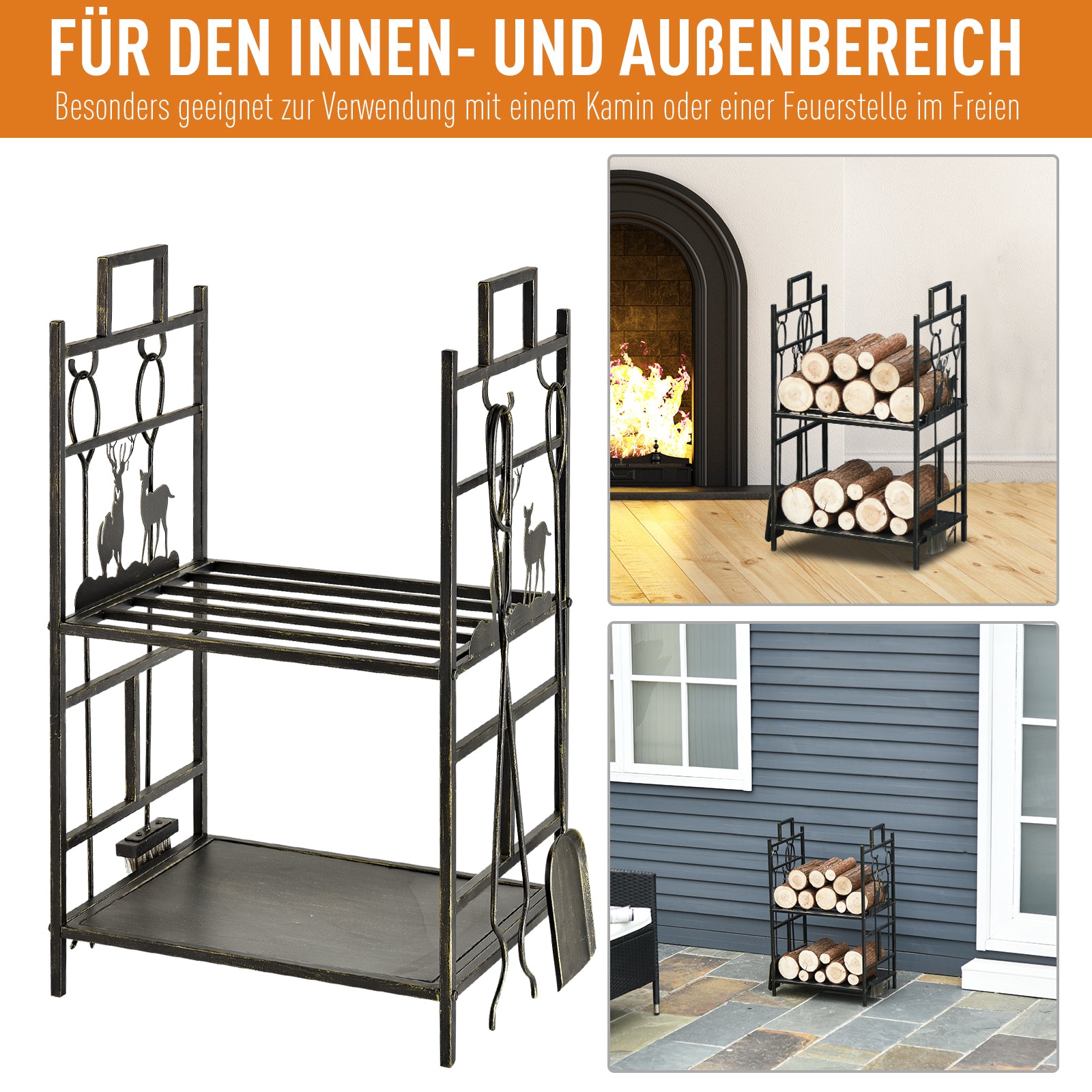 Firewood Stand with Fireplace Tool Set, Firewood Rack Log Storage Fireplace Tool Iron Black+Gold 51.5x33x77 cm