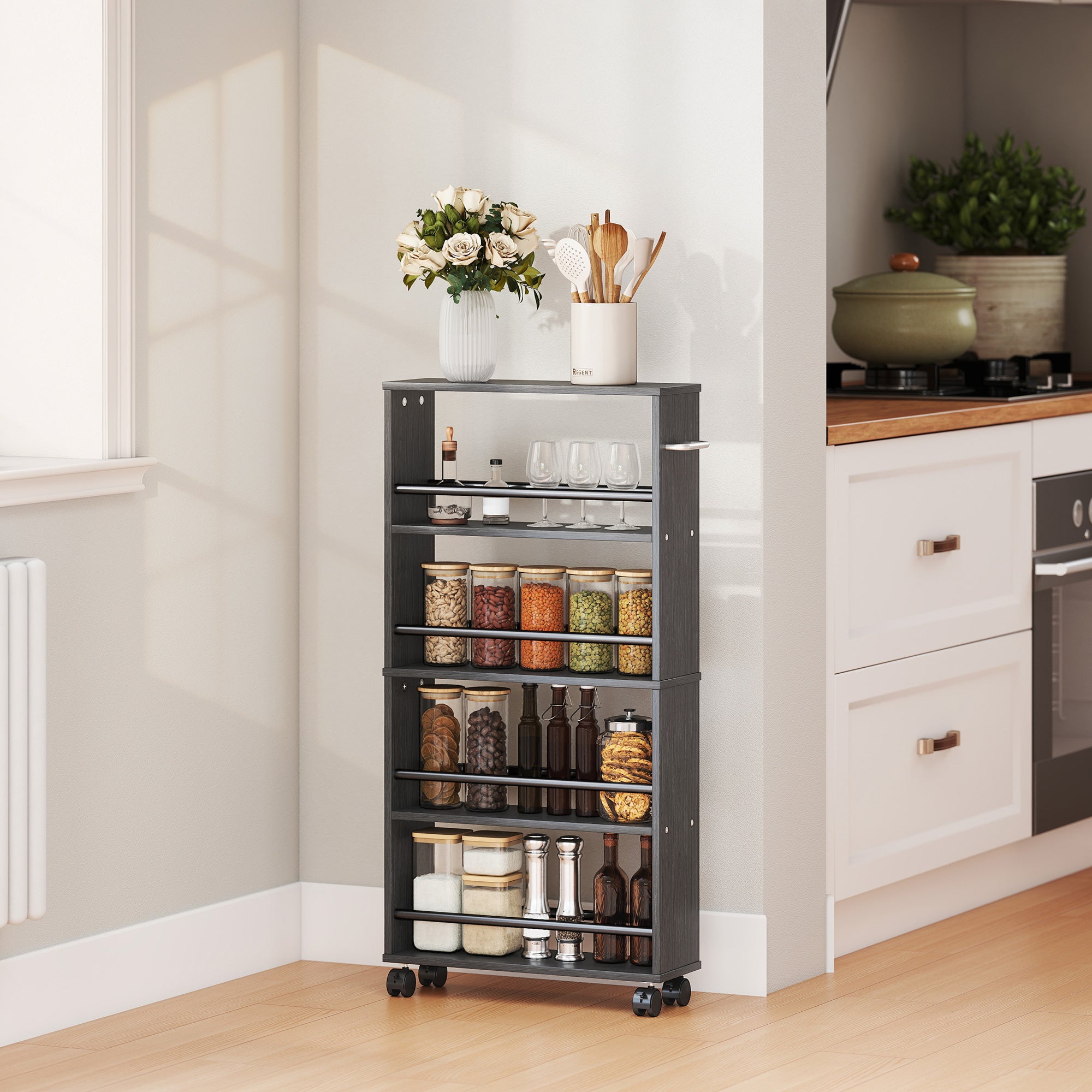 4-Tier Rolling Serving Cart with Handle and Brakes — Slim Utility Trolley for Kitchen, Office, Bathroom, Black