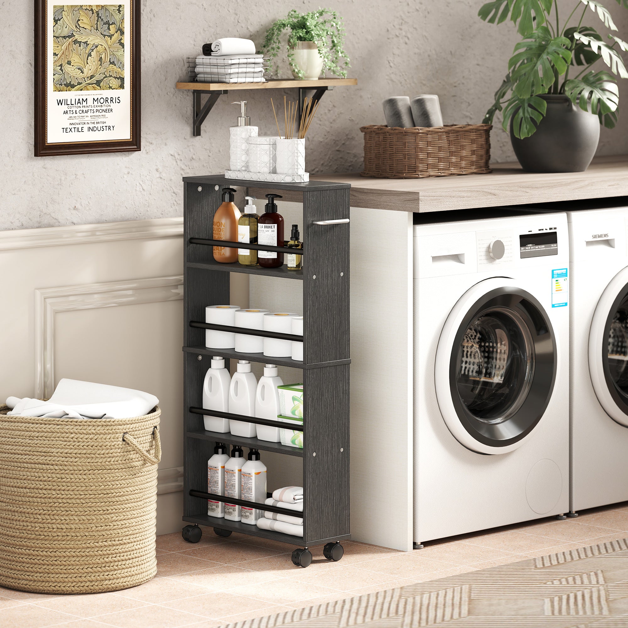 4-Tier Rolling Serving Cart with Handle and Brakes — Slim Utility Trolley for Kitchen, Office, Bathroom, Black