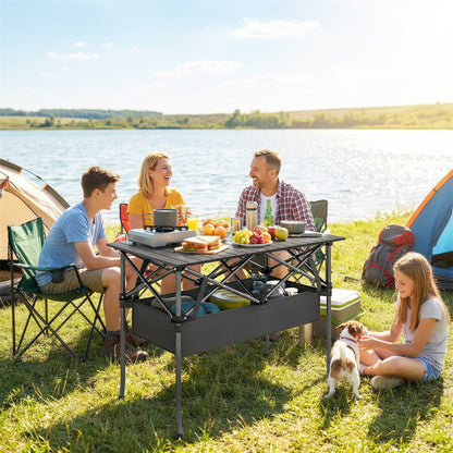 Foldable Camping Table, 36.6 x 21.7 x 26.8 in, Portable Roll-Up Aluminum Top with Storage Net, Metal Frame, Carry Bag, Black