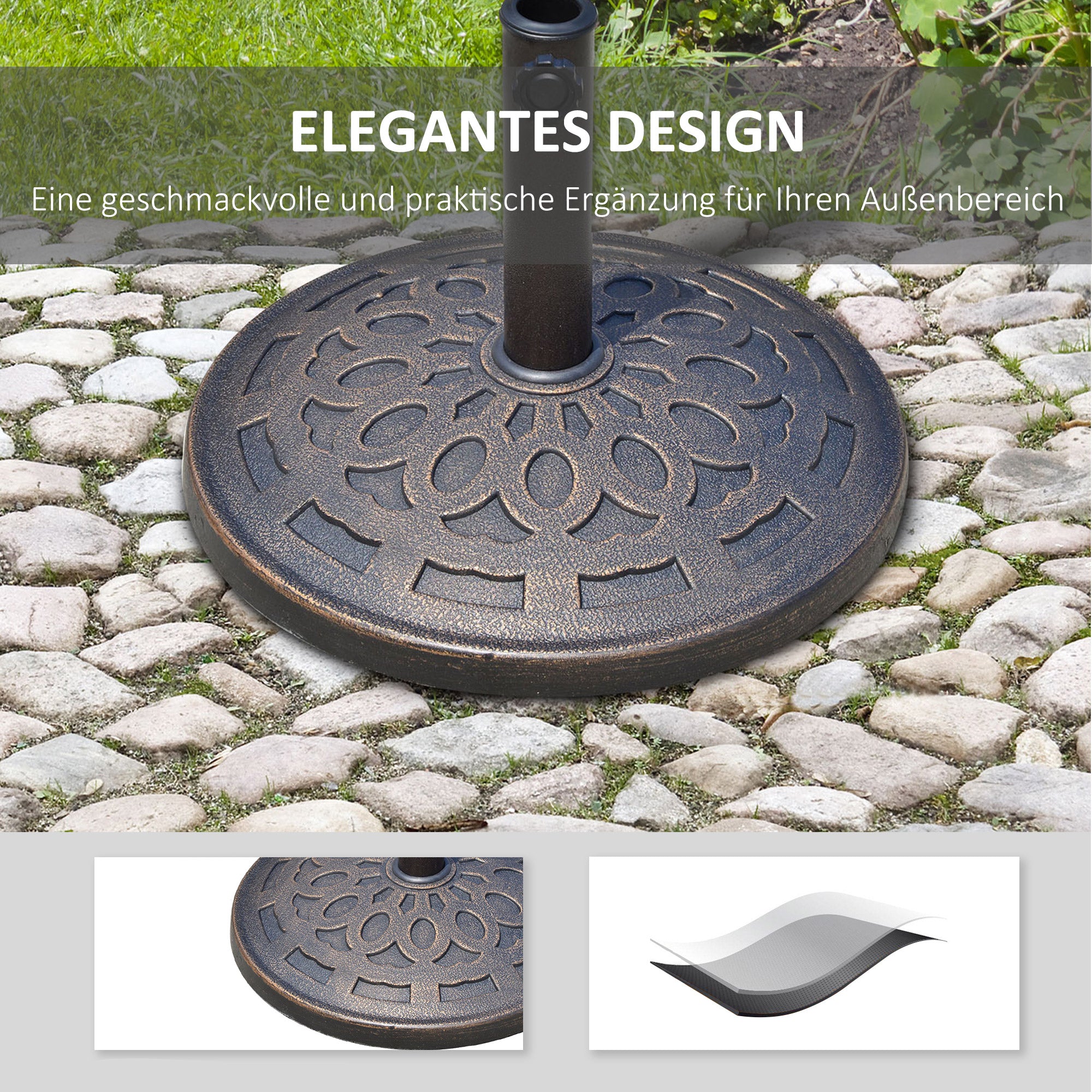 Resin Umbrella Stand 14kg Umbrella Base Handles, Round Umbrella Holder, Umbrella Weight for Umbrella 38mm/48mm Pole Diameter, for Balcony, Terrace, Garden, Bronze
