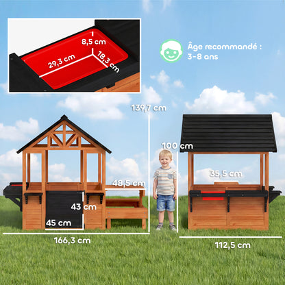 Wooden Outdoor Playhouse for Kids — Table, Benches, Sink, Door, Window & Flower Boxes, Brown, 166.3 x 112.5 x 139.7 cm (65.5 x 44.3 x 55.0 in)