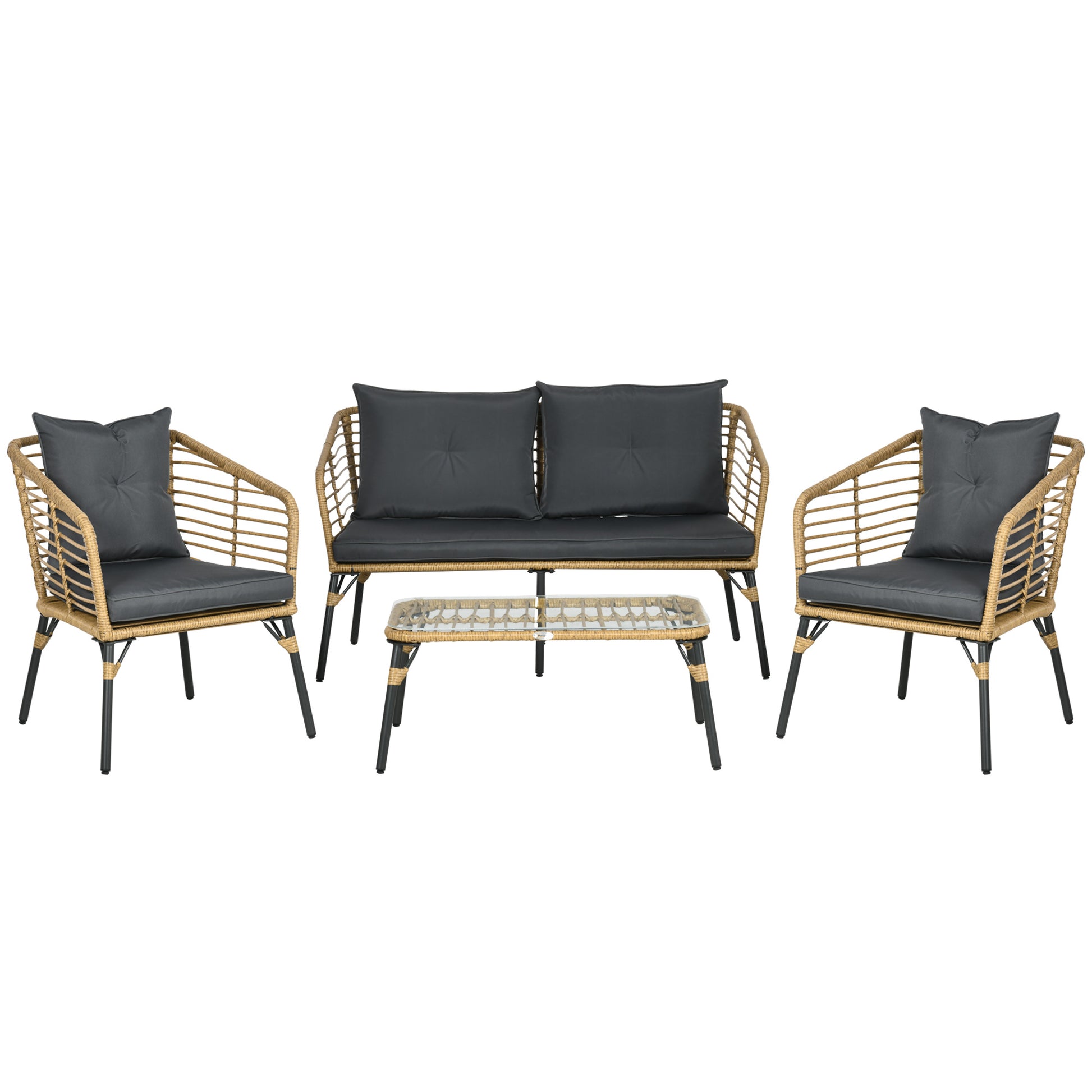 4 pcs Garden Furniture Set, Rattan Seating Group with Cushions, Set with 3 Armchairs, 1 Coffee Table, Balcony Furniture in Boho Style for 4 Persons, Sand+Dark gray
