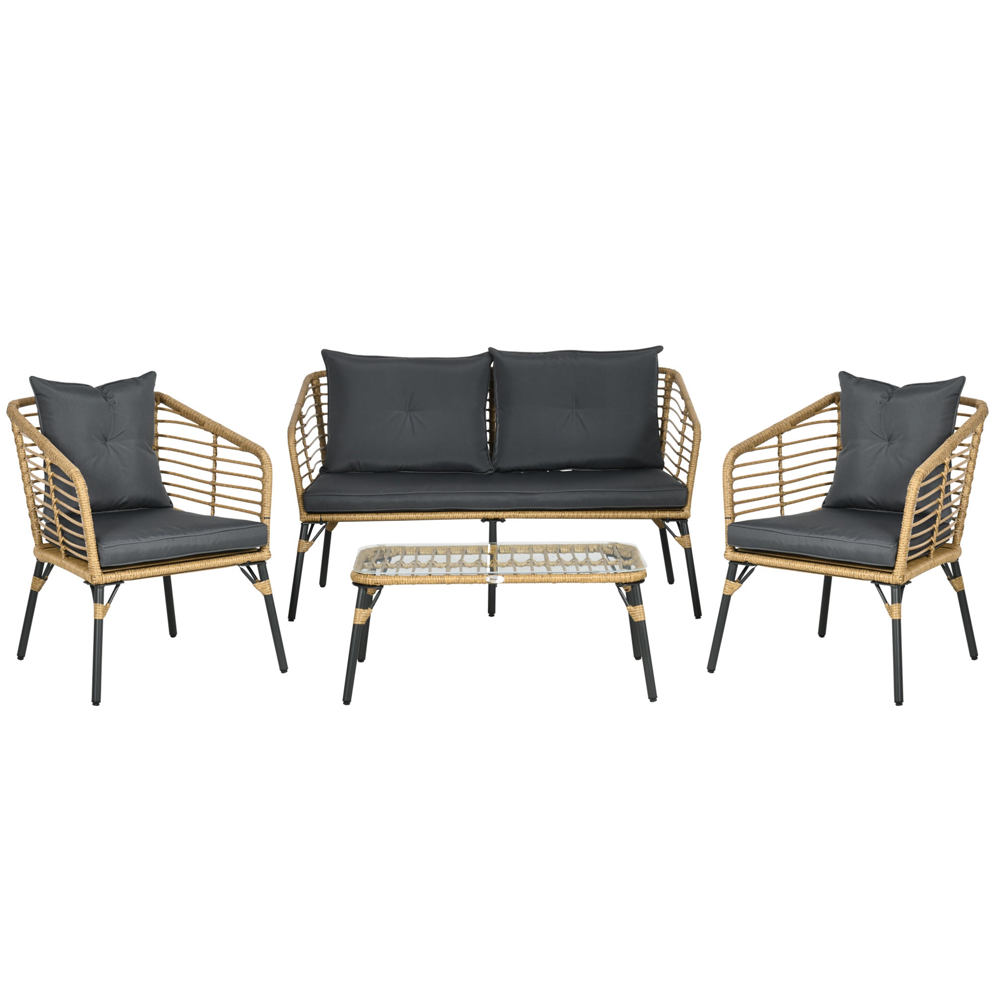 4 pcs Garden Furniture Set, Rattan Seating Group with Cushions, Set with 3 Armchairs, 1 Coffee Table, Balcony Furniture in Boho Style for 4 Persons, Sand+Dark gray