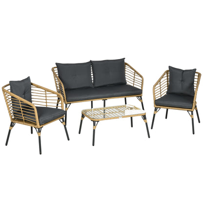 4 pcs Garden Furniture Set, Rattan Seating Group with Cushions, Set with 3 Armchairs, 1 Coffee Table, Balcony Furniture in Boho Style for 4 Persons, Sand+Dark gray