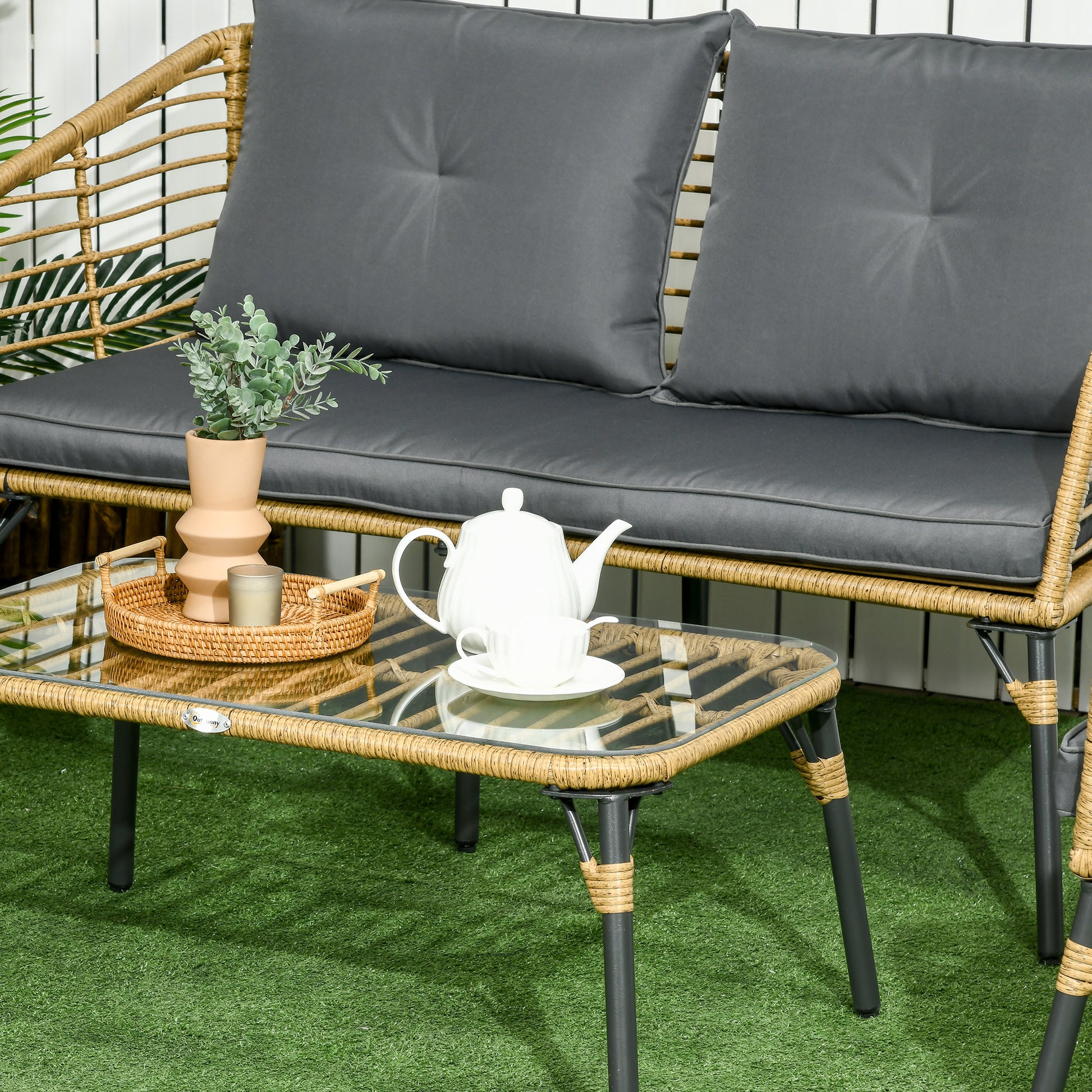 4 pcs Garden Furniture Set, Rattan Seating Group with Cushions, Set with 3 Armchairs, 1 Coffee Table, Balcony Furniture in Boho Style for 4 Persons, Sand+Dark gray