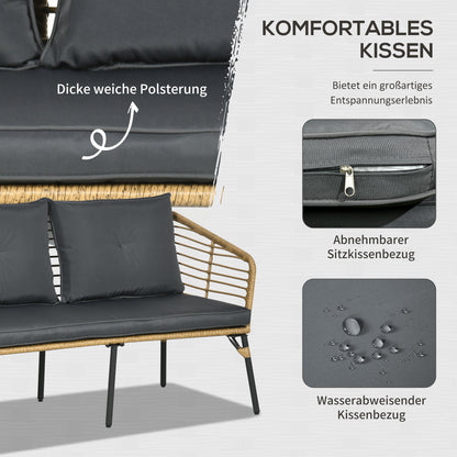 4 pcs Garden Furniture Set, Rattan Seating Group with Cushions, Set with 3 Armchairs, 1 Coffee Table, Balcony Furniture in Boho Style for 4 Persons, Sand+Dark gray