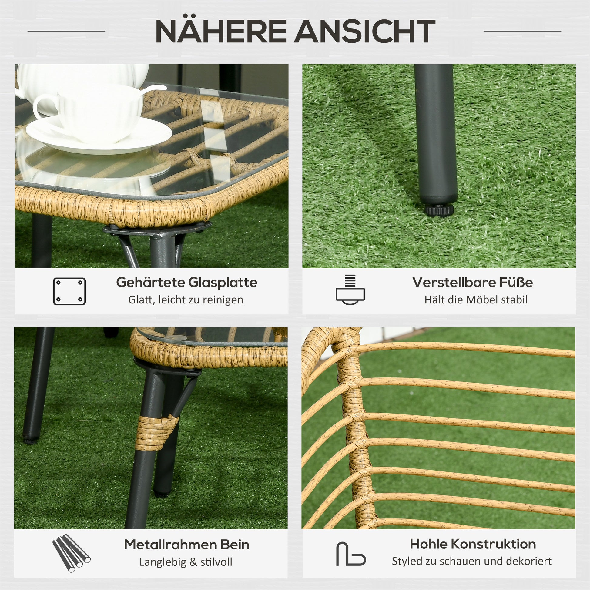 4 pcs Garden Furniture Set, Rattan Seating Group with Cushions, Set with 3 Armchairs, 1 Coffee Table, Balcony Furniture in Boho Style for 4 Persons, Sand+Dark gray