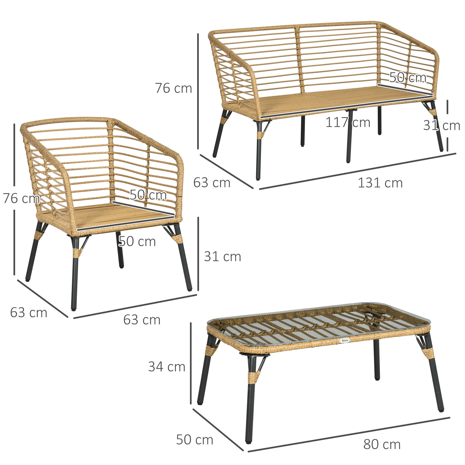 4 pcs Garden Furniture Set, Rattan Seating Group with Cushions, Set with 3 Armchairs, 1 Coffee Table, Balcony Furniture in Boho Style for 4 Persons, Sand+Dark gray