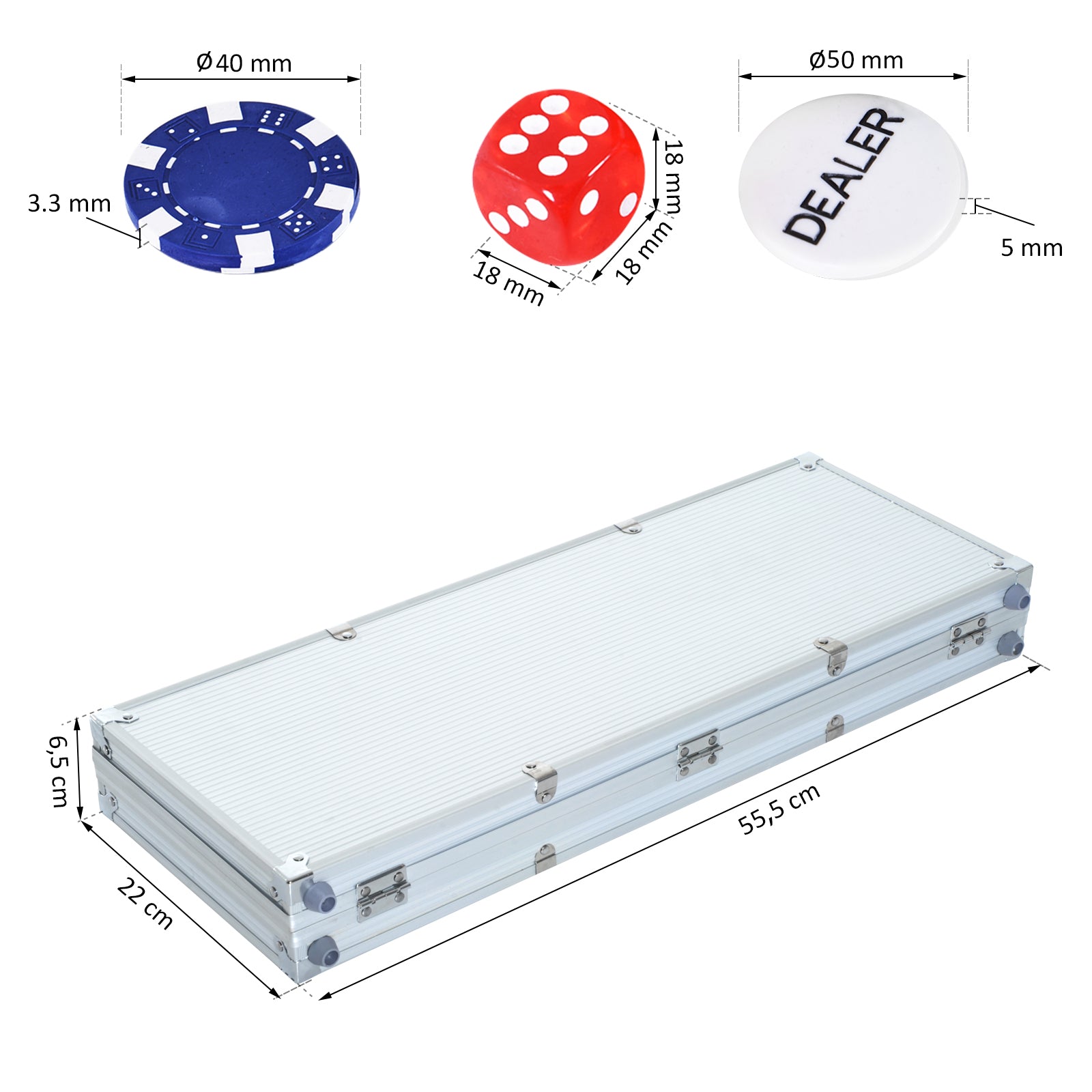 Lockable Poker Set with Case 500 Chips 5 Dice 2 Decks of Cards Accessories, Complete Poker Chip Set Card Games Aluminum Case for Texas Hold'em, Blackjack
