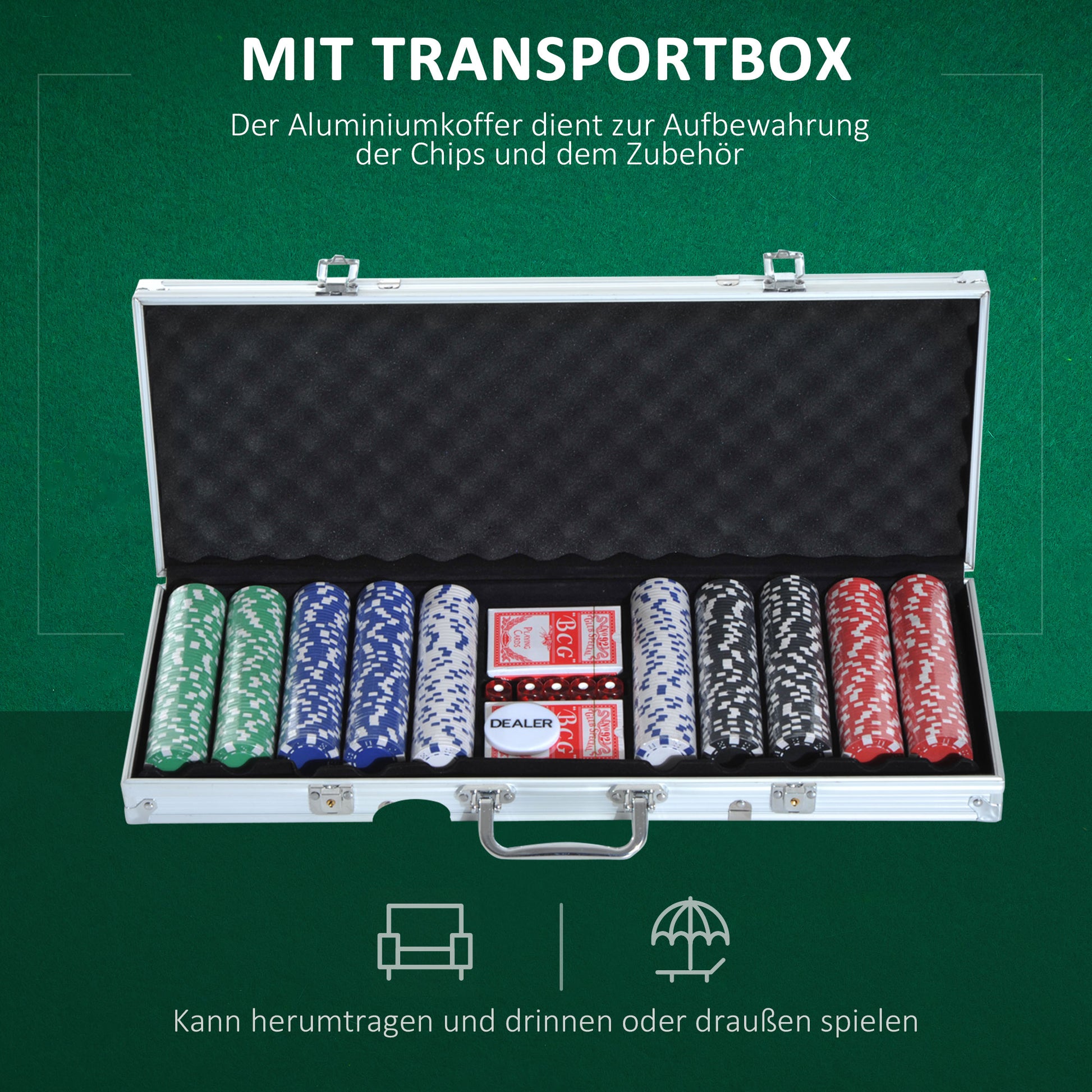 Lockable Poker Set with Case 500 Chips 5 Dice 2 Decks of Cards Accessories, Complete Poker Chip Set Card Games Aluminum Case for Texas Hold'em, Blackjack