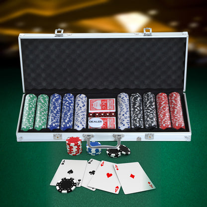 Lockable Poker Set with Case 500 Chips 5 Dice 2 Decks of Cards Accessories, Complete Poker Chip Set Card Games Aluminum Case for Texas Hold'em, Blackjack