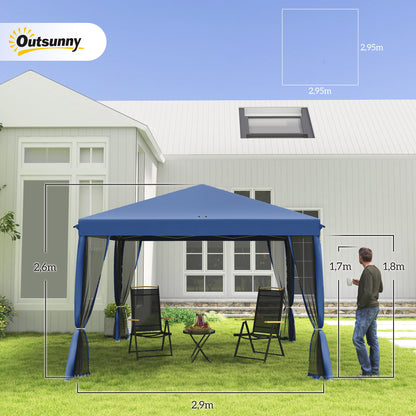 3x3m Folding Garden Gazebo with 4 Mesh Side Walls 8 Drainage Holes Waterproof and Carry Bag Gazebo for Outdoor Garden Patio Parties Blue