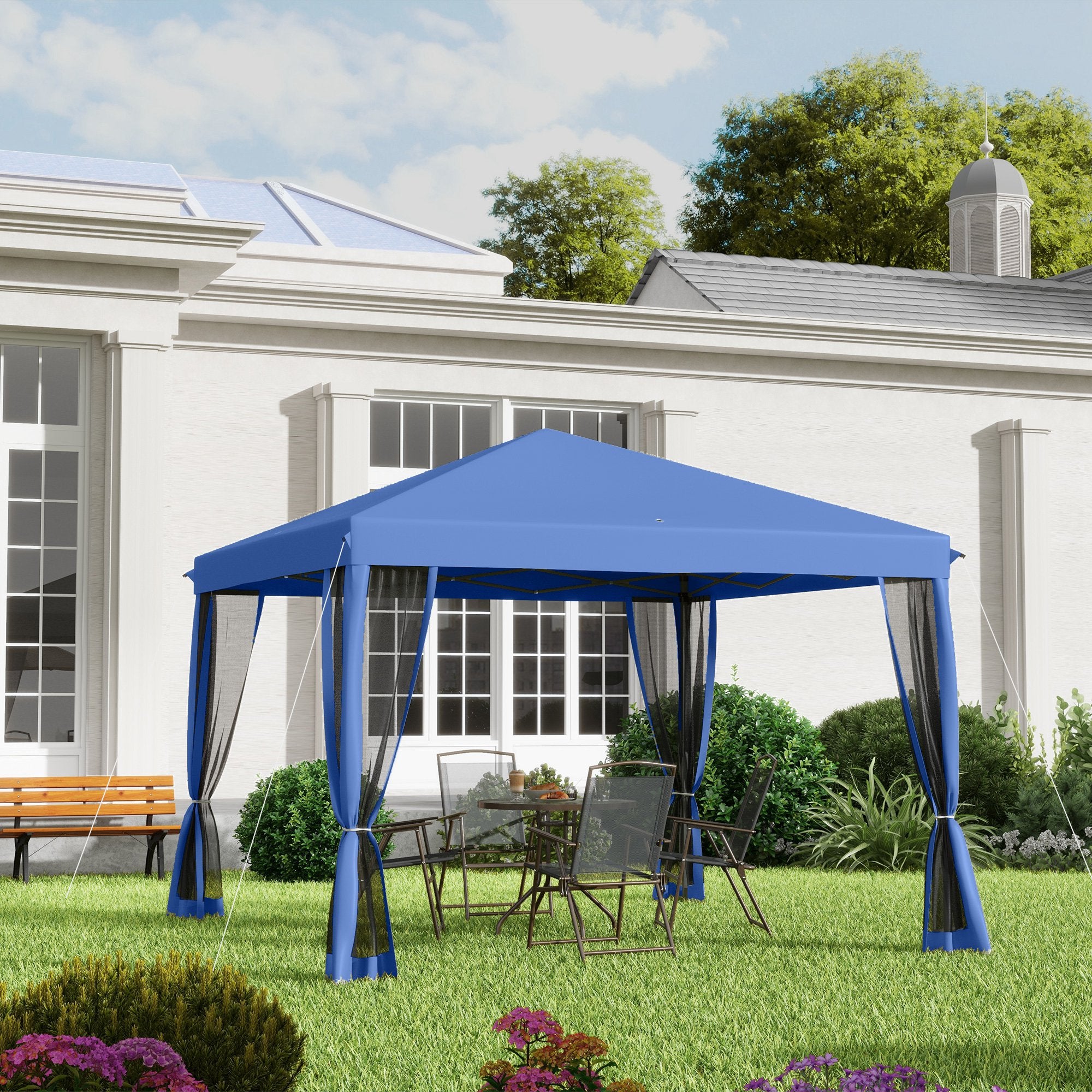 3x3m Folding Garden Gazebo with 4 Mesh Side Walls 8 Drainage Holes Waterproof and Carry Bag Gazebo for Outdoor Garden Patio Parties Blue