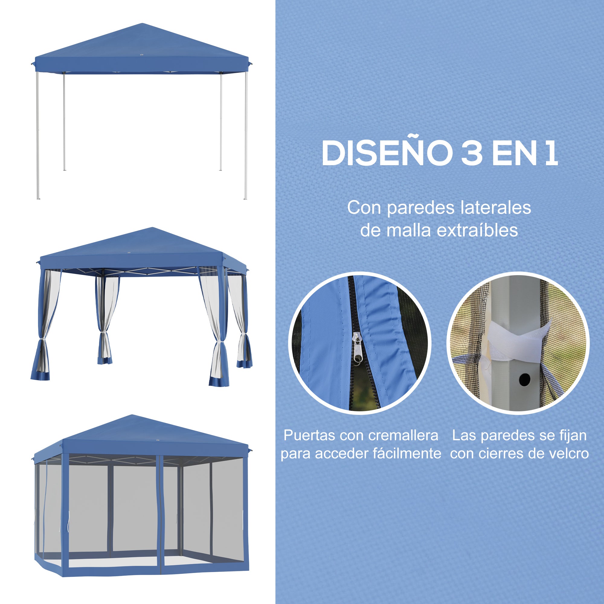 3x3m Folding Garden Gazebo with 4 Mesh Side Walls 8 Drainage Holes Waterproof and Carry Bag Gazebo for Outdoor Garden Patio Parties Blue