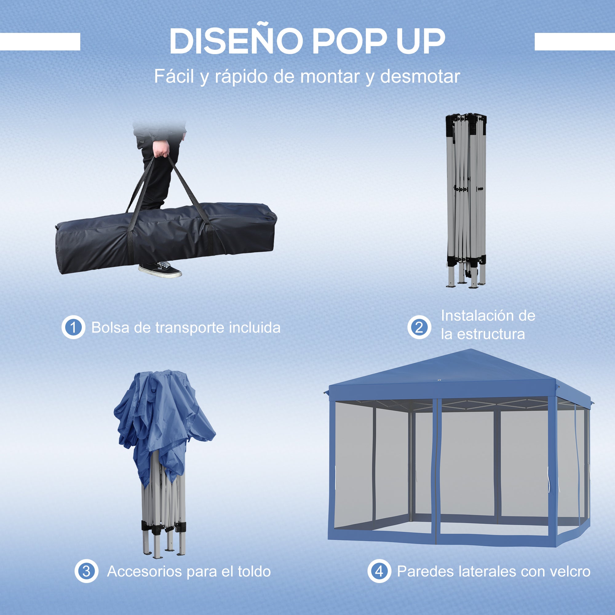 3x3m Folding Garden Gazebo with 4 Mesh Side Walls 8 Drainage Holes Waterproof and Carry Bag Gazebo for Outdoor Garden Patio Parties Blue