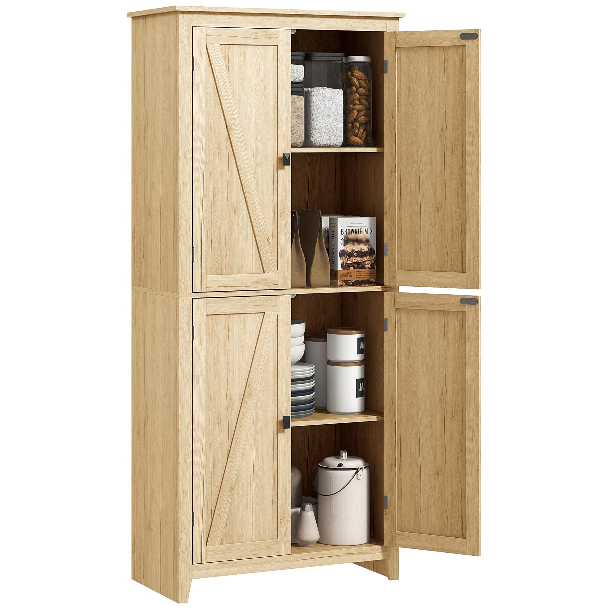 Modern 4-Door Sideboard with Adjustable Shelves and Raised Base, Wooden Kitchen Cabinet, 80x40x182 cm, Wood Color