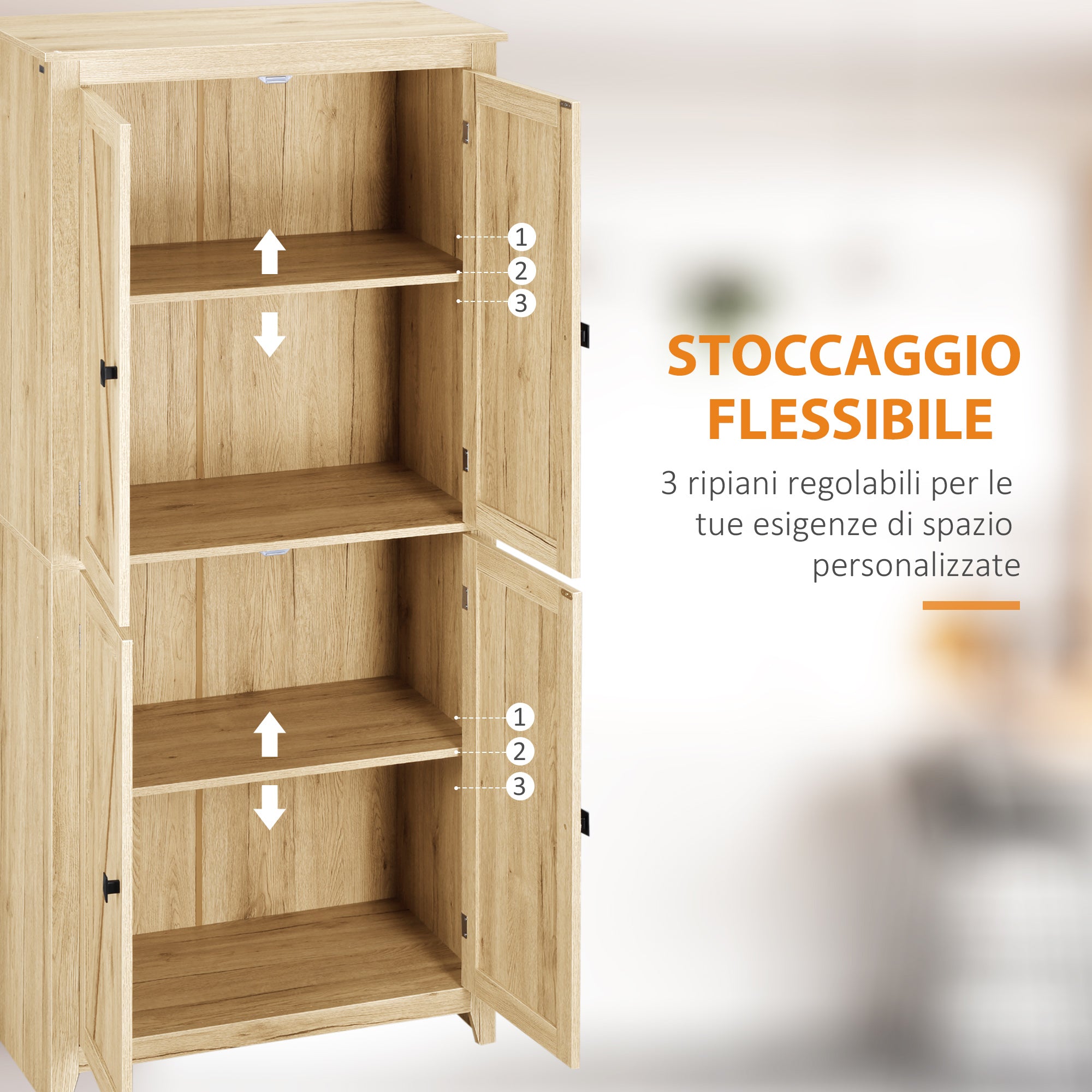 Modern 4-Door Sideboard with Adjustable Shelves and Raised Base, Wooden Kitchen Cabinet, 80x40x182 cm, Wood Color