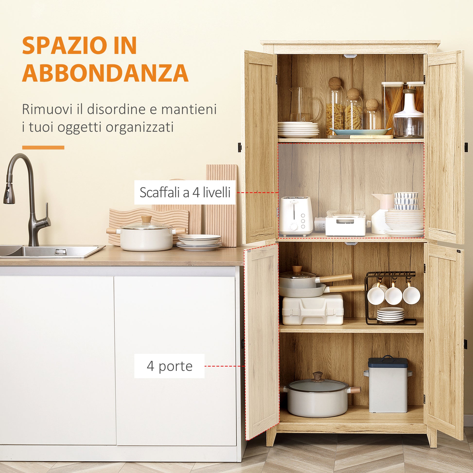 Modern 4-Door Sideboard with Adjustable Shelves and Raised Base, Wooden Kitchen Cabinet, 80x40x182 cm, Wood Color