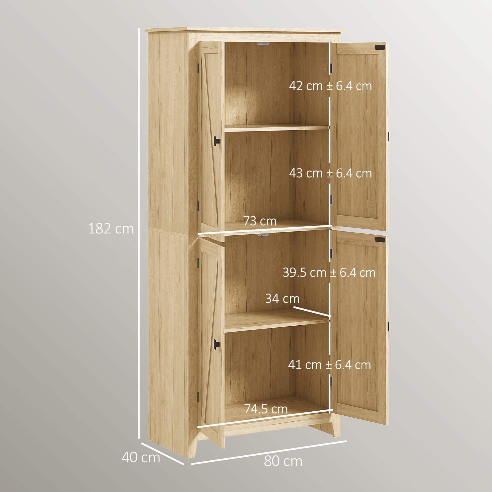 Modern 4-Door Sideboard with Adjustable Shelves and Raised Base, Wooden Kitchen Cabinet, 80x40x182 cm, Wood Color
