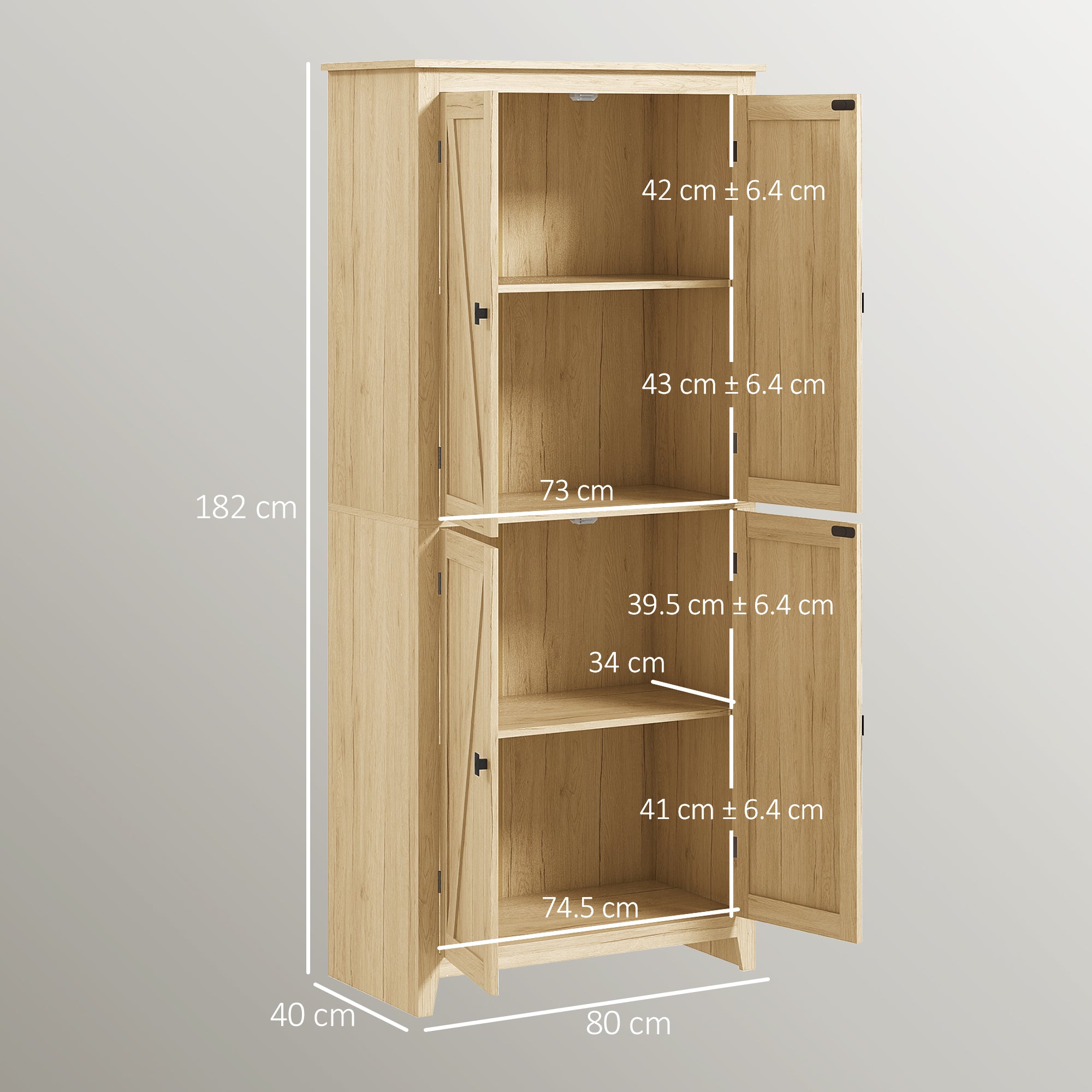 Modern 4-Door Sideboard with Adjustable Shelves and Raised Base, Wooden Kitchen Cabinet, 80x40x182 cm, Wood Color