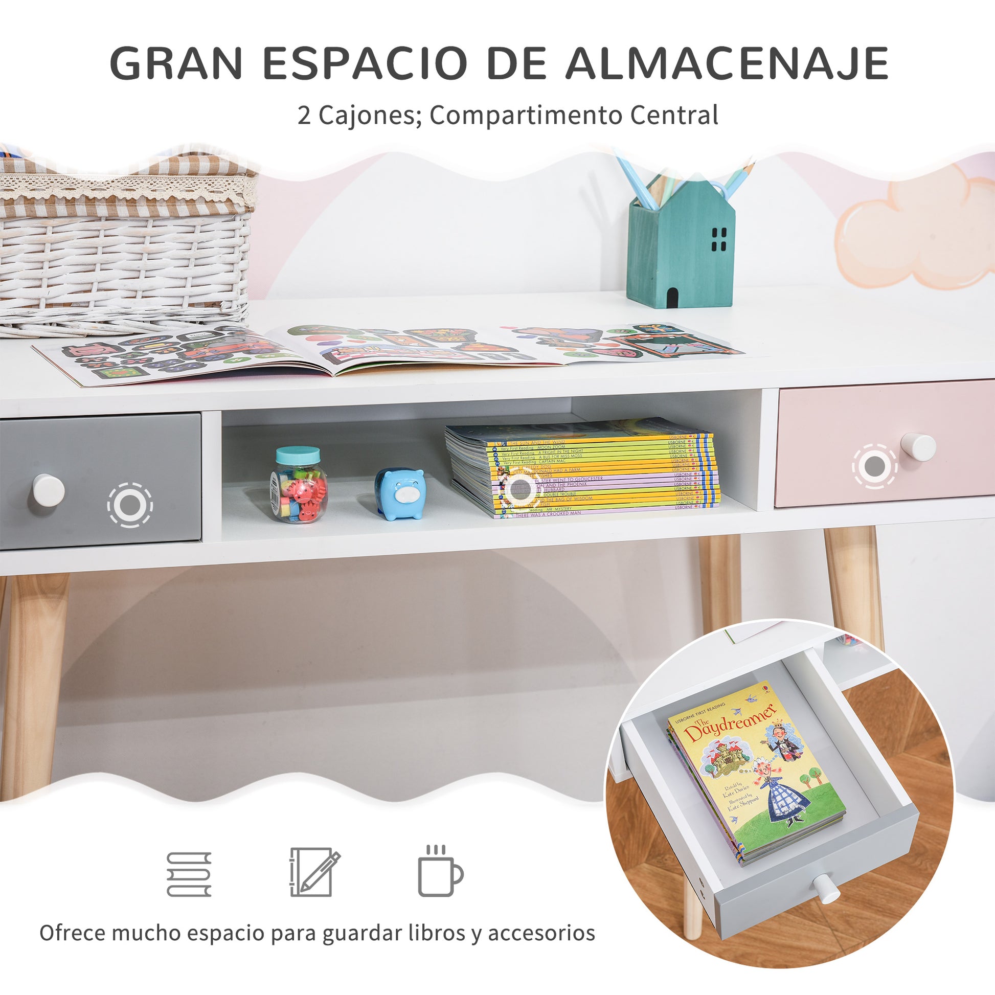 Children's Desk Console Table with 1 Open Compartment and 2 Drawers Nordic Style for Study Entry Bedroom 100x48x76.5 cm Multicolor