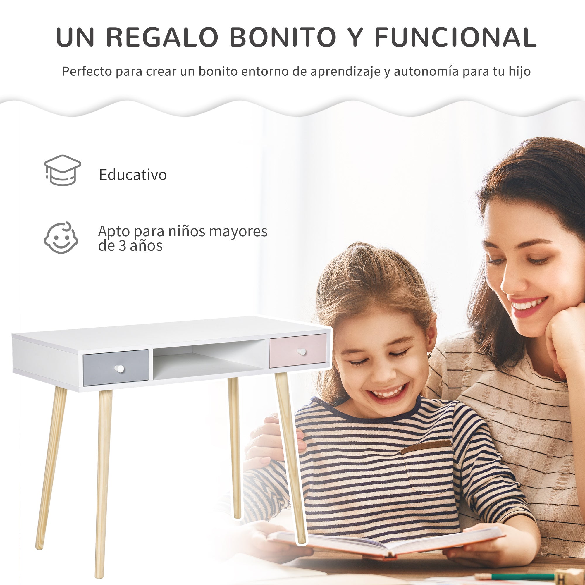 Children's Desk Console Table with 1 Open Compartment and 2 Drawers Nordic Style for Study Entry Bedroom 100x48x76.5 cm Multicolor