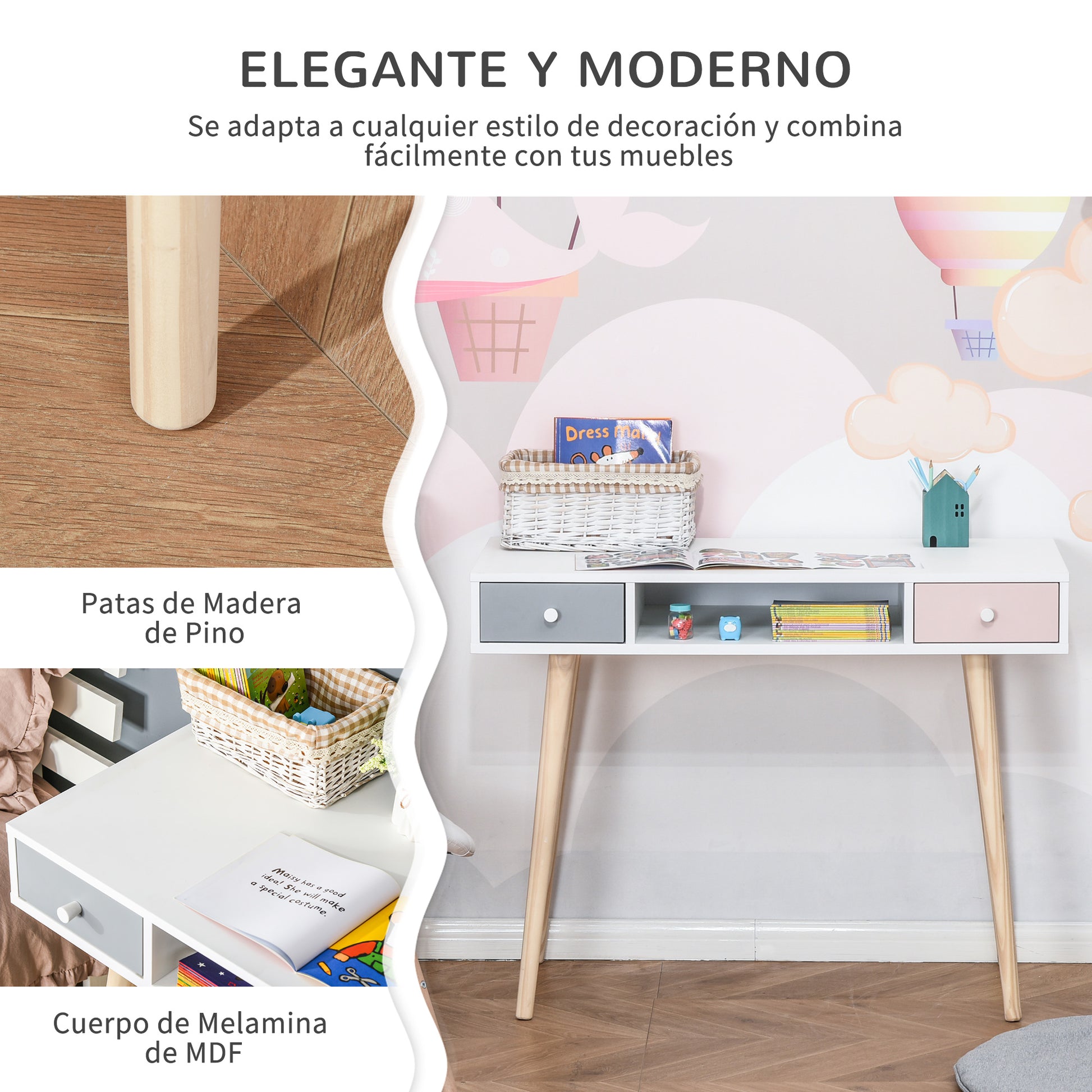 Children's Desk Console Table with 1 Open Compartment and 2 Drawers Nordic Style for Study Entry Bedroom 100x48x76.5 cm Multicolor
