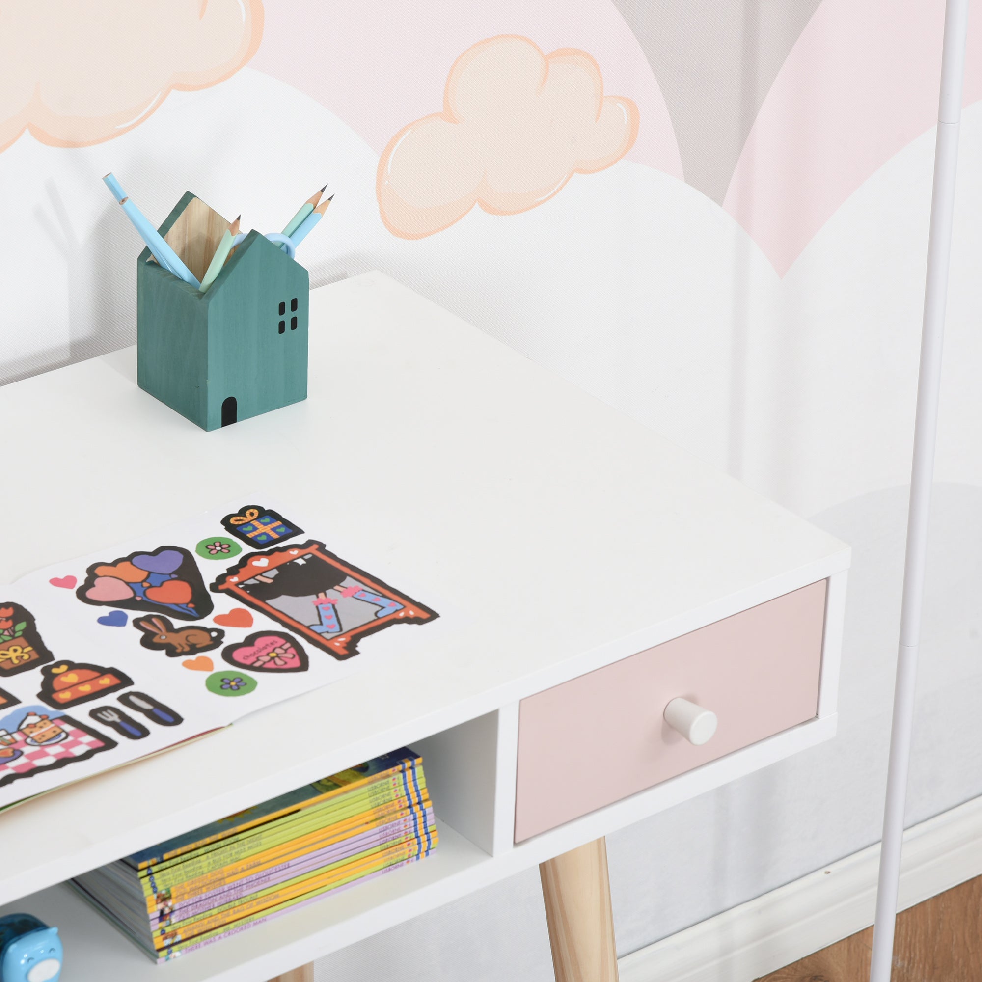 Children's Desk Console Table with 1 Open Compartment and 2 Drawers Nordic Style for Study Entry Bedroom 100x48x76.5 cm Multicolor