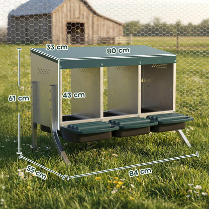 3-Compartment Rollaway Nesting Box for Chickens, Ventilated with Drainage, Fits 3 Hens, 85 x 54.6 x 61 cm (33.5 x 21.5 x 24 in), Silver/Green