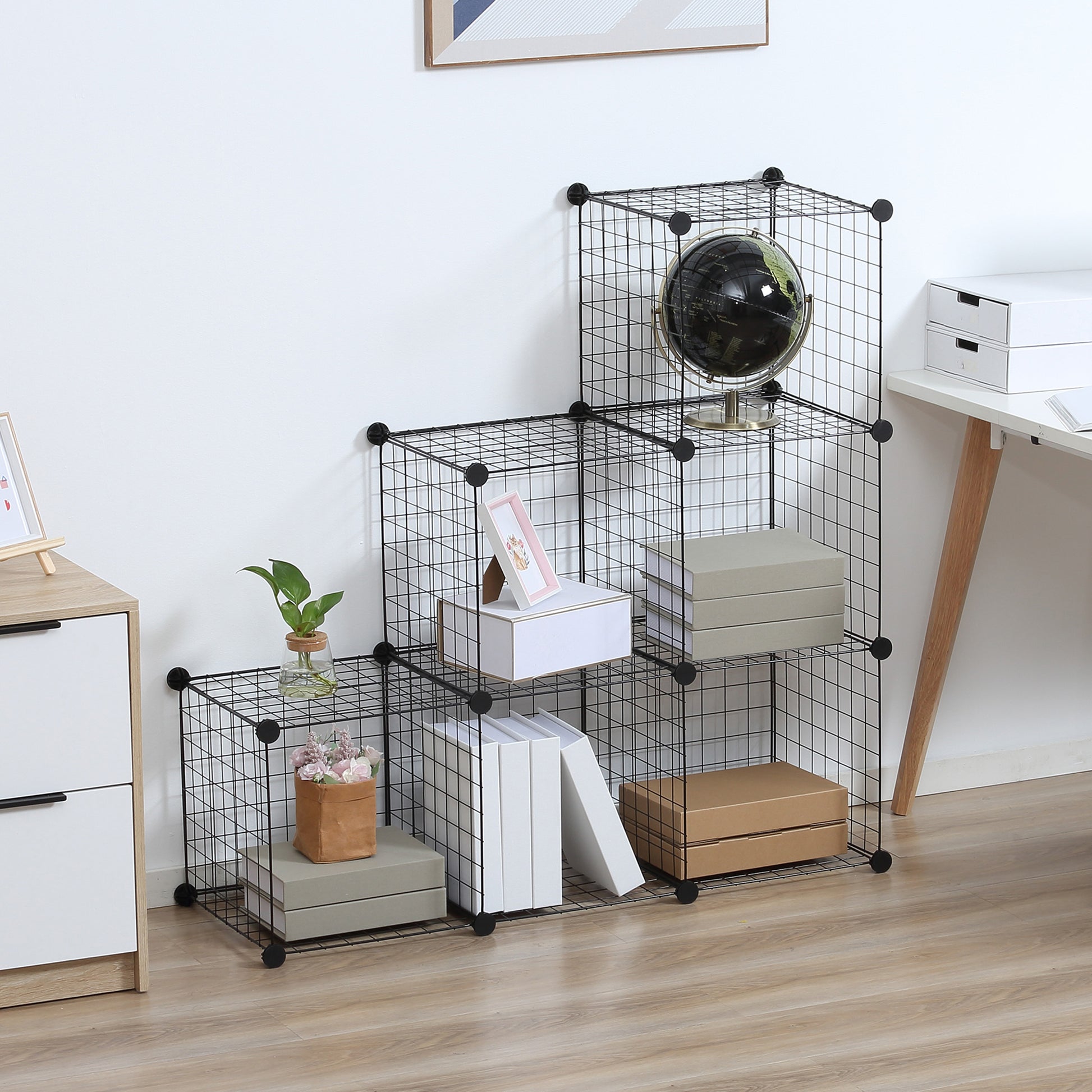 Wire Cube Shelf, Shelving System with 6 Cubes, DIY Wire Grid Storage, Cube Shelving Unit for Living Room, Bedroom, Black, 109 x 37 x 109 cm