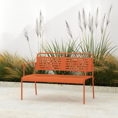 2-Seater Garden Bench Outdoor Steel Bench with Armrests and Backrest for Balcony Terrace Patio Veranda Lawn, 121 x 64 x 84 cm, Red