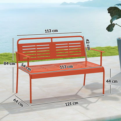 2-Seater Garden Bench Outdoor Steel Bench with Armrests and Backrest for Balcony Terrace Patio Veranda Lawn, 121 x 64 x 84 cm, Red