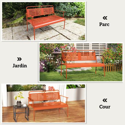 2-Seater Garden Bench Outdoor Steel Bench with Armrests and Backrest for Balcony Terrace Patio Veranda Lawn, 121 x 64 x 84 cm, Red