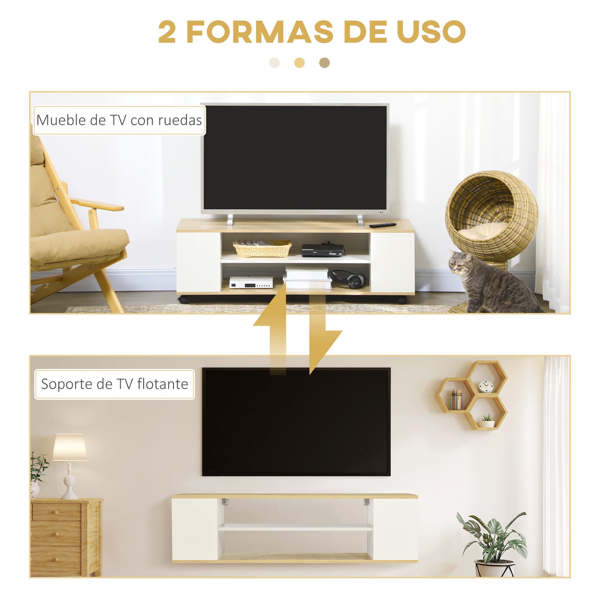 TV Stand with Wheels TV Table Floating TV Stand with 2 Storage Shelves for TVs up to 55 Inches for Bedroom 120x40x38.5 cm White