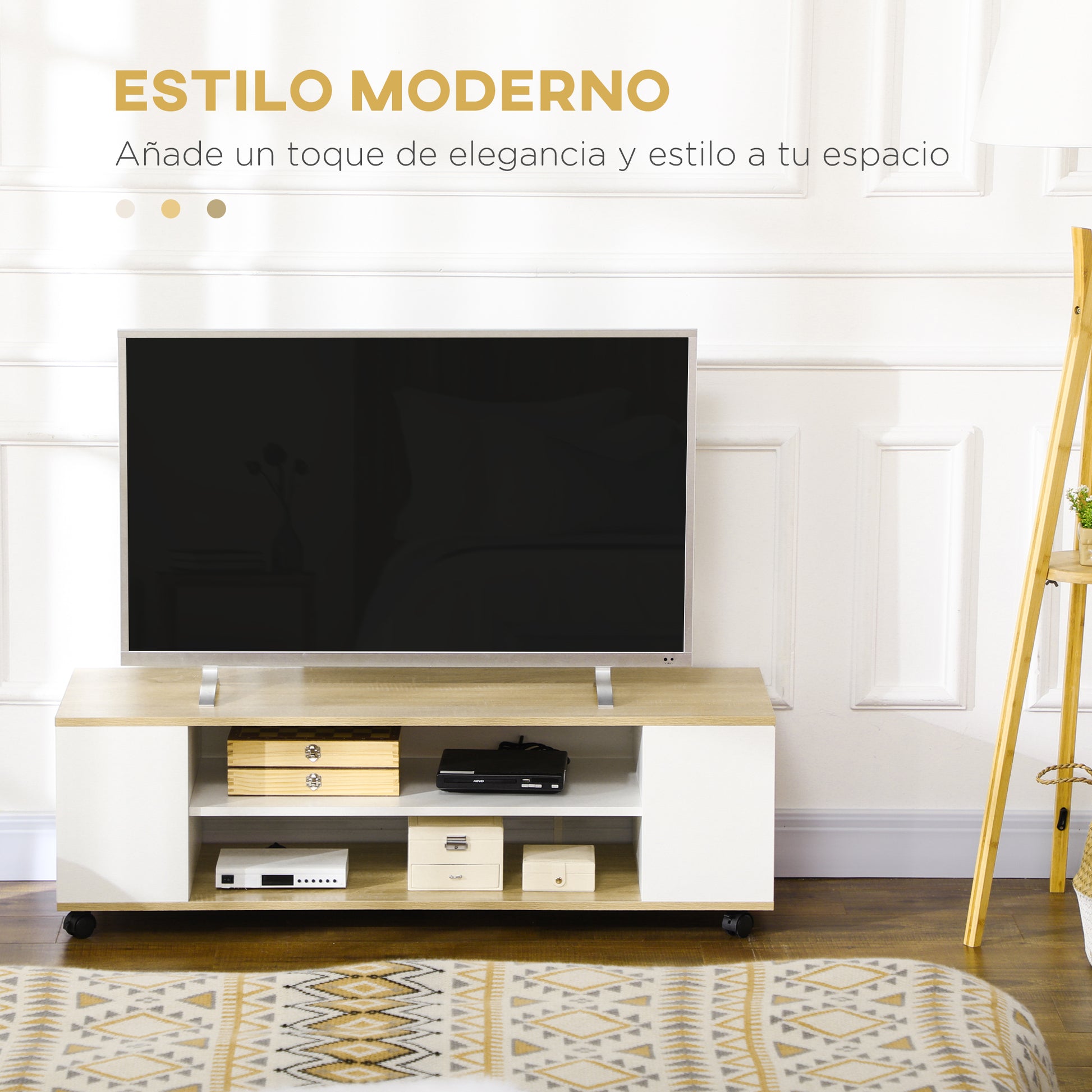 TV Stand with Wheels TV Table Floating TV Stand with 2 Storage Shelves for TVs up to 55 Inches for Bedroom 120x40x38.5 cm White