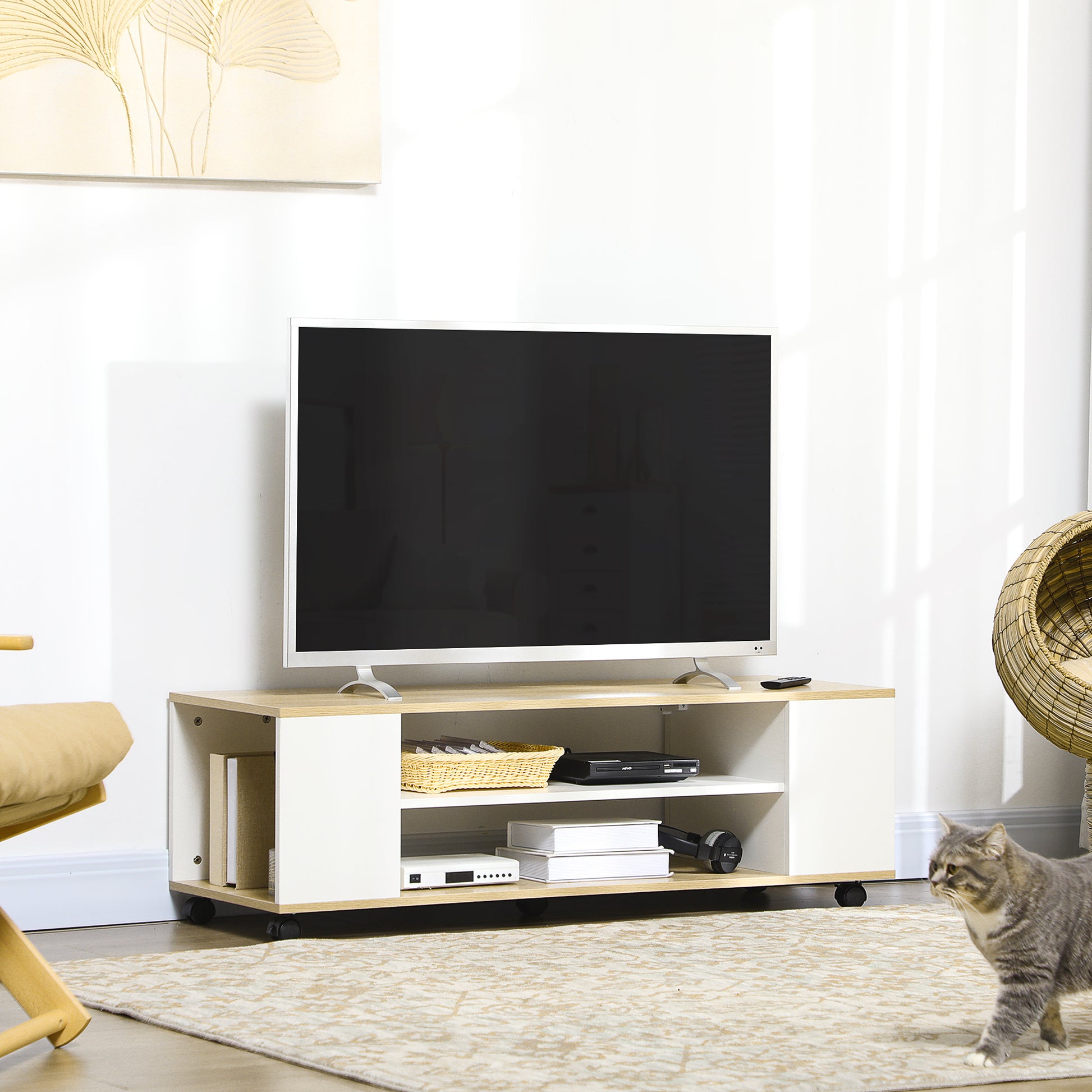 TV Stand with Wheels TV Table Floating TV Stand with 2 Storage Shelves for TVs up to 55 Inches for Bedroom 120x40x38.5 cm White