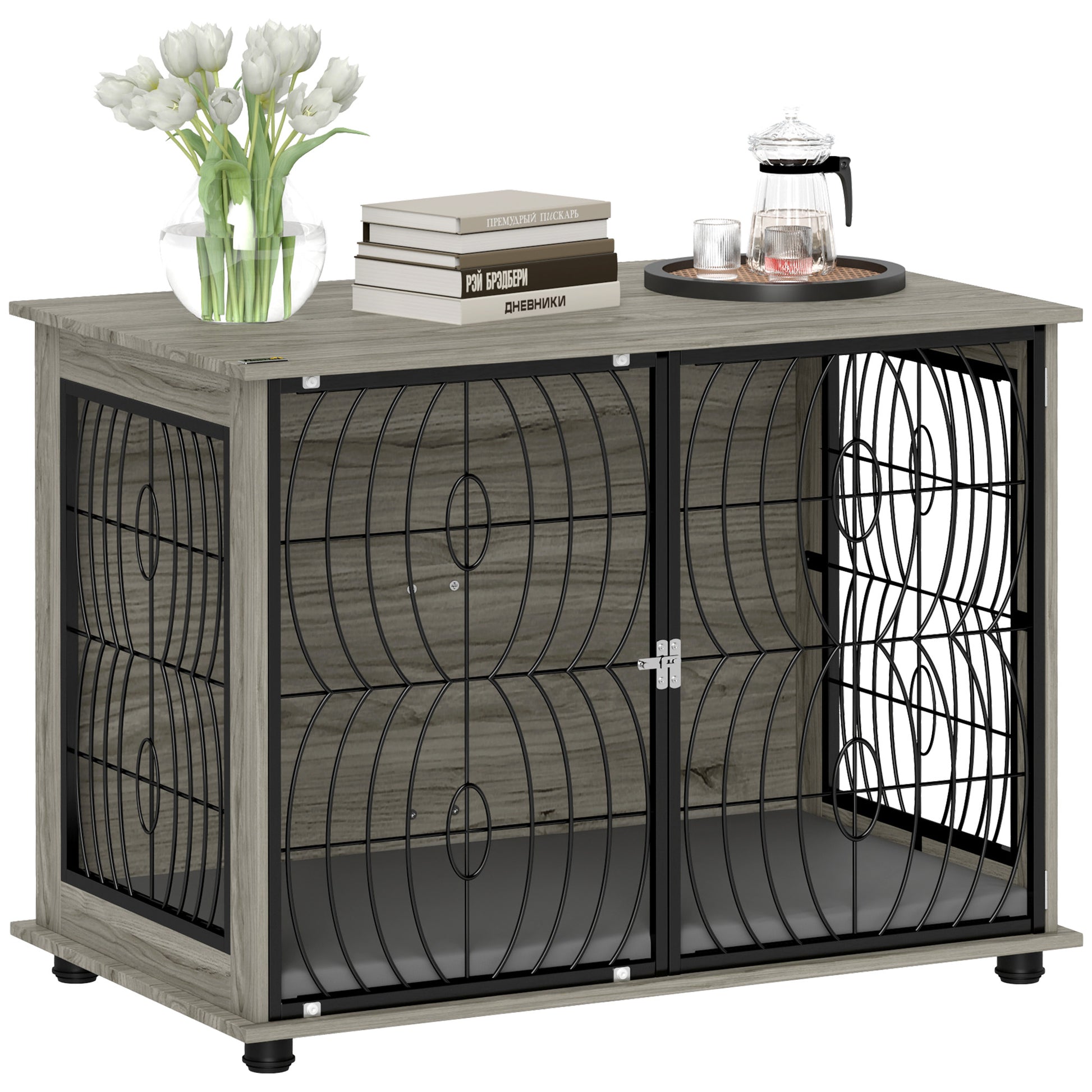 Dog Crate for Home, Doghouse, Indoor Pet Cage with Cushion, Dog House with Window, Dog Box for Large Dogs, Grey, 100 x 60 x 73.5 cm