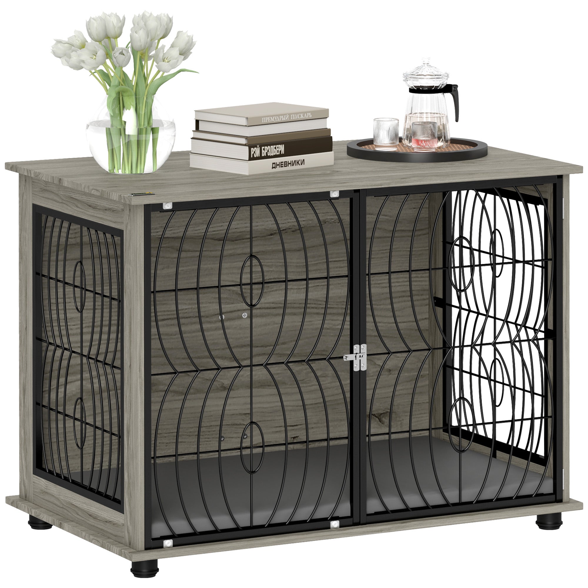 Dog Crate for Home, Doghouse, Indoor Pet Cage with Cushion, Dog House with Window, Dog Box for Large Dogs, Grey, 100 x 60 x 73.5 cm