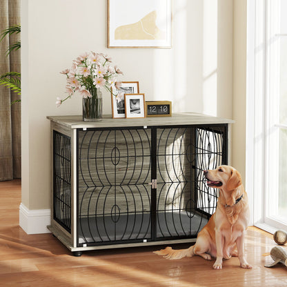 Dog Crate for Home, Doghouse, Indoor Pet Cage with Cushion, Dog House with Window, Dog Box for Large Dogs, Grey, 100 x 60 x 73.5 cm
