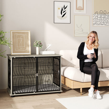 Dog Crate for Home, Doghouse, Indoor Pet Cage with Cushion, Dog House with Window, Dog Box for Large Dogs, Grey, 100 x 60 x 73.5 cm