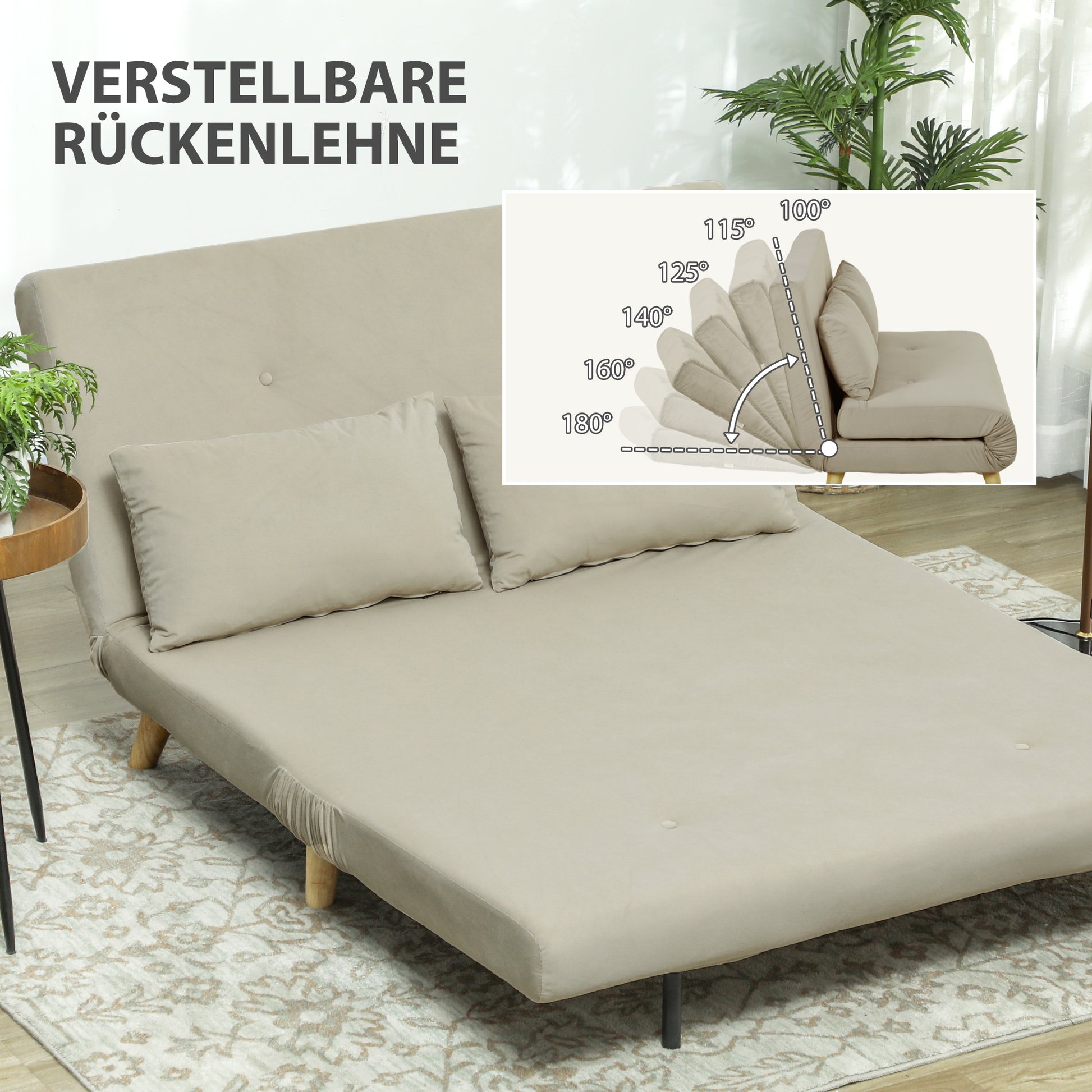 3-in-1 Sleeper Sofa 130 x 78 cm Sofa with Bed Function, Folding Couch with Lumbar Pillow, Velvet Look, Adjustable Backrest for Living Room, Bedroom, Beige