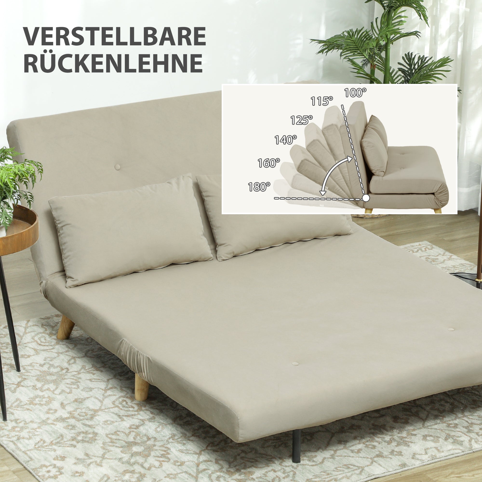 3-in-1 Sleeper Sofa 130 x 78 cm Sofa with Bed Function, Folding Couch with Lumbar Pillow, Velvet Look, Adjustable Backrest for Living Room, Bedroom, Beige