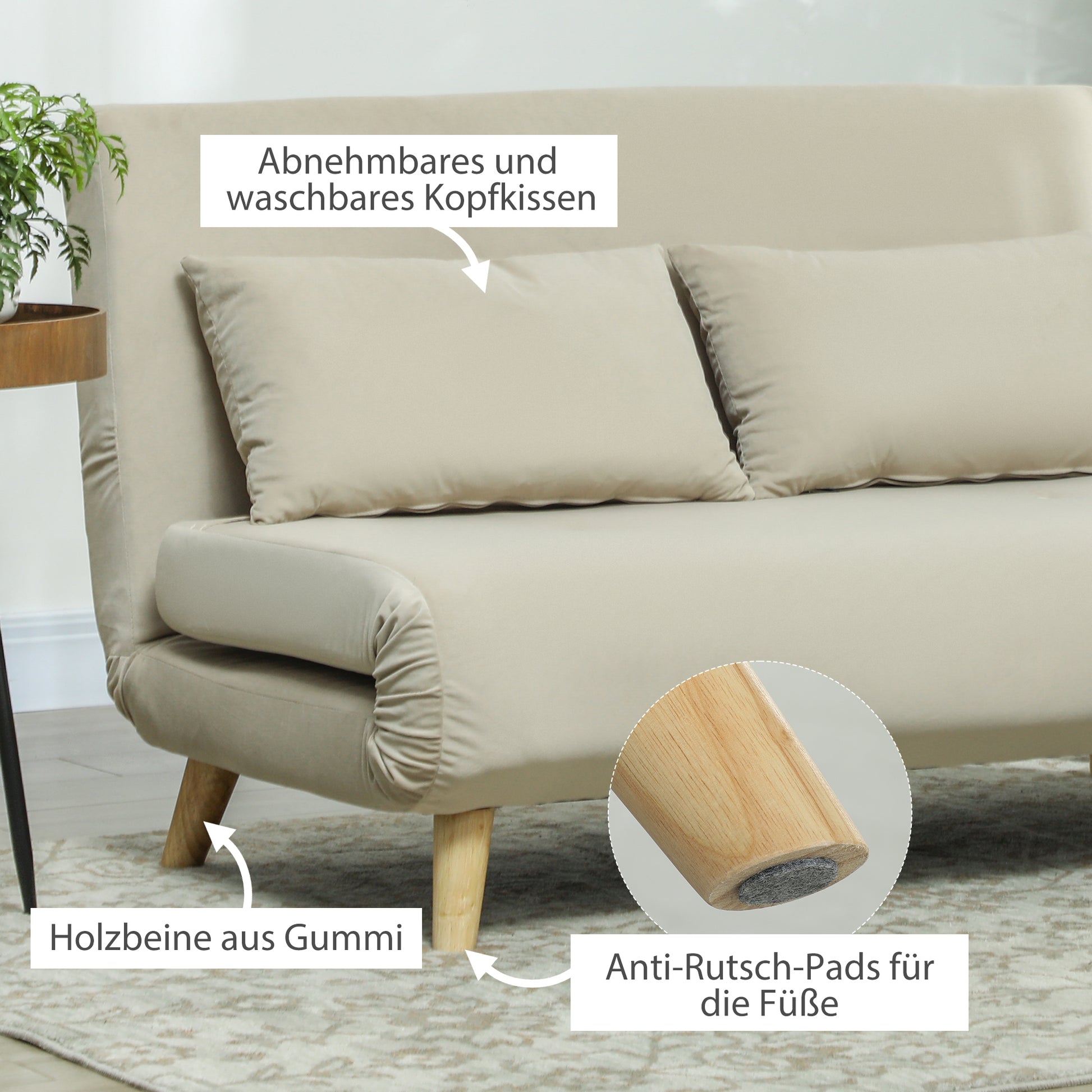 3-in-1 Sleeper Sofa 130 x 78 cm Sofa with Bed Function, Folding Couch with Lumbar Pillow, Velvet Look, Adjustable Backrest for Living Room, Bedroom, Beige